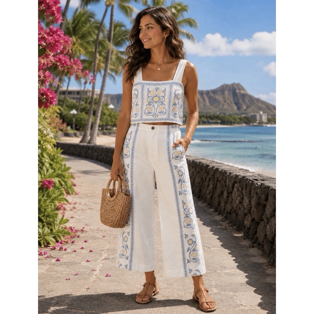 Calypso St. Barth White Linen Embroidered Floral Top & Wide Pants Set Size Large